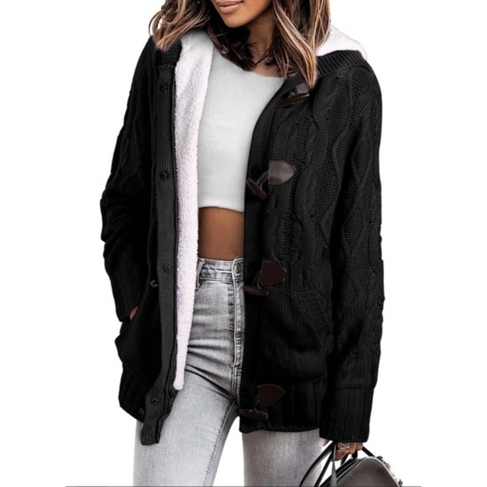 Sidefeel Black Cable Knit Toggle Cardigan Hooded Faux Fur Lined Sweater Jacket